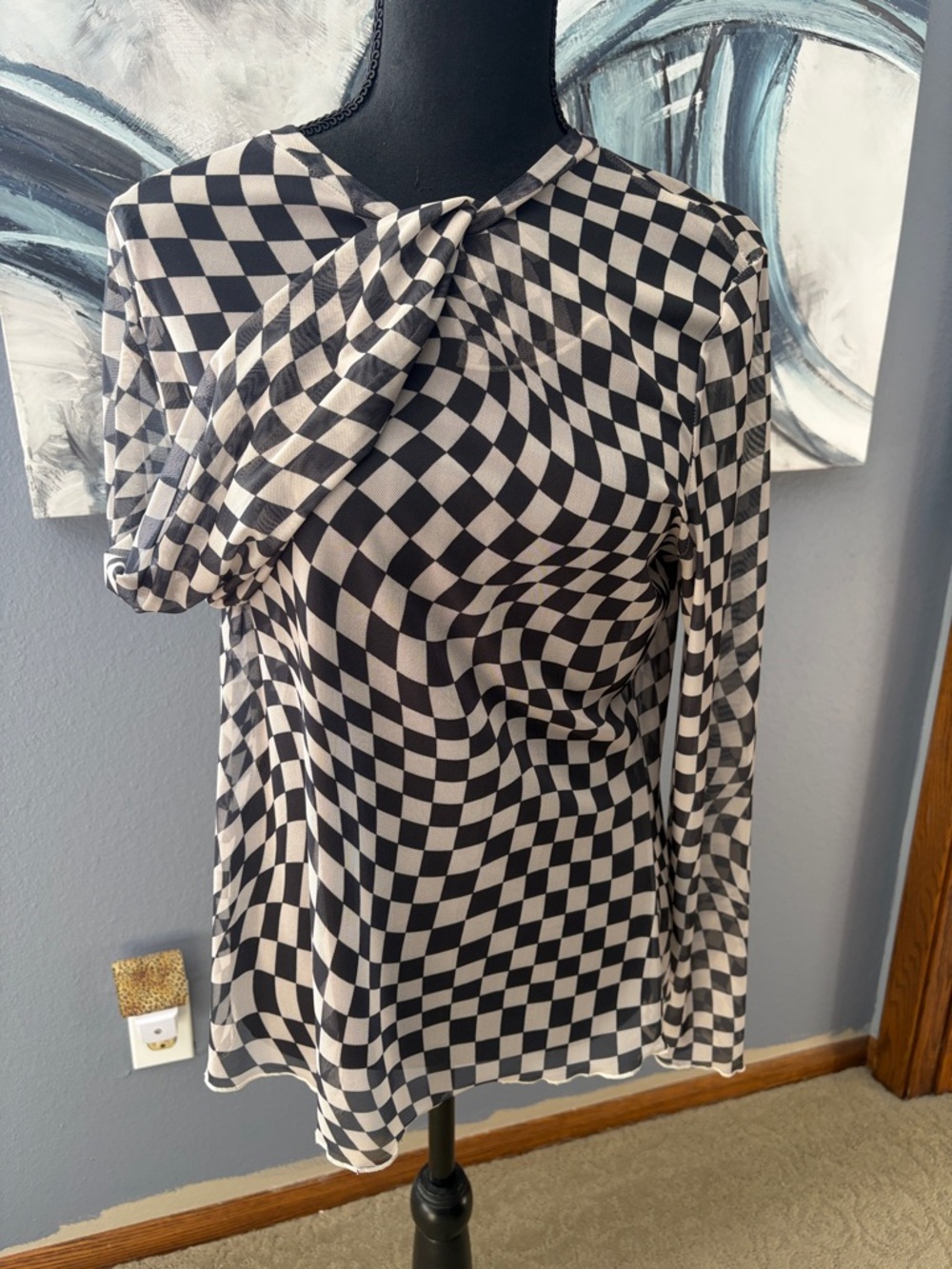 DAVI & DANI Black and White Checkered Long-Sleeve Top